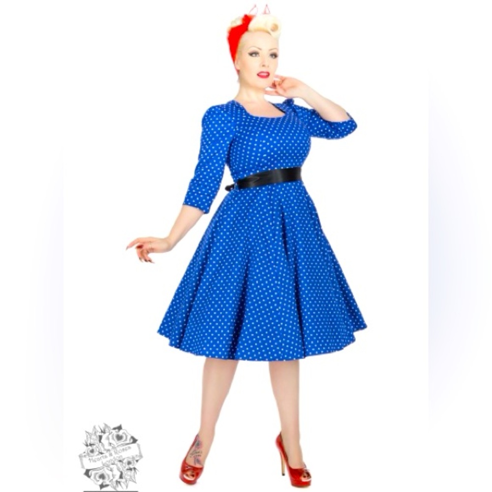 Veronica Blue & White Polka Dot Swing Dress by Hearts & Roses London